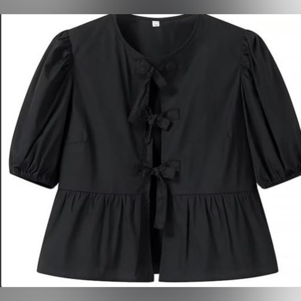 Elegant Black Y2K Peplum Babydoll Tie Front 3/4 Puff Sleeve Women's Top Sz Med - Picture 3 of 4